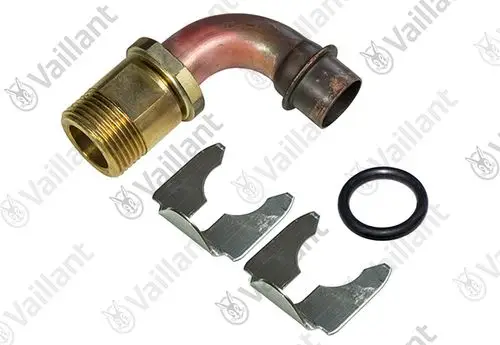 Vaillant Anschlussstück mit gewundenem Rohr, Anschlussgewinde, zwei Metallclips und einer schwarzen Dichtung.